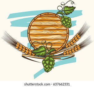 Barrel of beer with hop and wheat