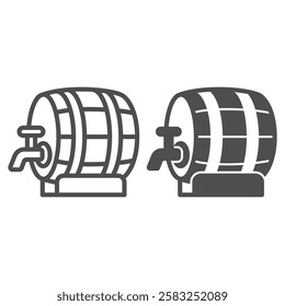 Barrel of beer line and solid icon, drinking alcohol concept. Vector graphics. Bar barrel with faucet tap sign on white background, outline style icon for mobile or web design