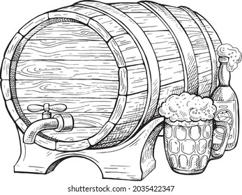 a barrel of beer , a mug and a bottle drawn for a logo or for the design of postcards