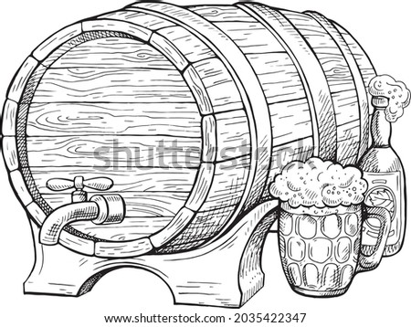 a barrel of beer , a mug and a bottle drawn for a logo or for the design of postcards