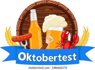 Barrel of beer,glass and bottle behind a blue ribbon on a white background. Oktoberfest.