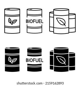 Barrel with biofuels. Biomass energy concept. Set of barrel with eco friendly fuel. Alternative sustainable resources. Renewable energy. Vector
