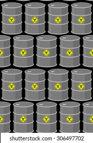 Barrel with biohazard seamless pattern. Gray metal drums on a black background. Vector toxic waste dump.
