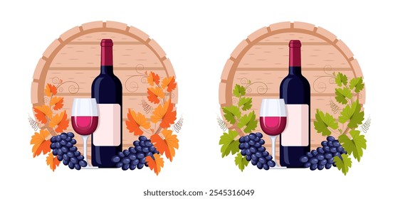 Barril, botella, copa de vino tinto y rama de uva con racimos de uvas y hojas. Concepto de vinificación, producción y venta de vino, cultivo de uvas. Patrón vintage de Vector para menús y etiquetas.