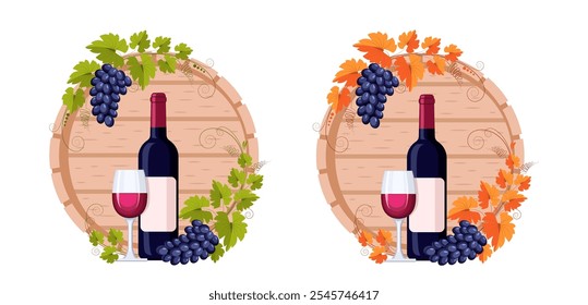 Barril, botella, copa de vino tinto y rama de uva con racimos de uvas y hojas. Concepto de vinificación, producción y venta de vino, cultivo de uvas. Patrón vintage de Vector para menús y etiquetas.