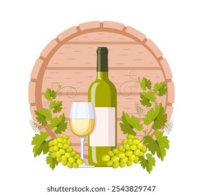 Barril, botella, copa de vino blanco y rama de uva con racimos de uvas y hojas. Concepto de vinificación, producción y venta de vino, cultivo de uvas. Patrón vintage de Vector para menús y etiquetas.