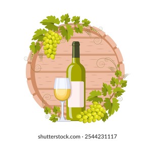 Barril, botella, copa de vino blanco y rama de uva con racimos de uvas y hojas. Concepto de vinificación, producción y venta de vino, cultivo de uvas. Patrón vintage de Vector para menús y etiquetas.