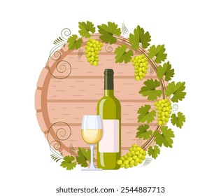 Barril, botella, copa de vino blanco y rama de uva con racimos de uvas y hojas. Concepto de vinificación, producción y venta de vino, cultivo de uvas. Patrón vintage de Vector para menús y etiquetas.