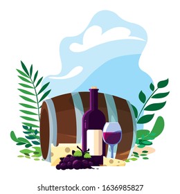 barrel with bottle of wine and background landscape vector illustration design