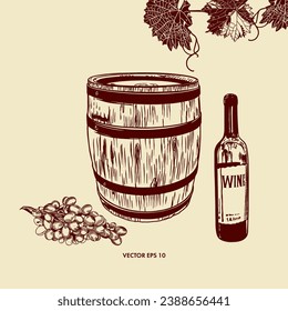 Barrel and bottle of wine, grapes, grape leaves. Vector illustration in graphic style. Design element for labels, banners, flyers.