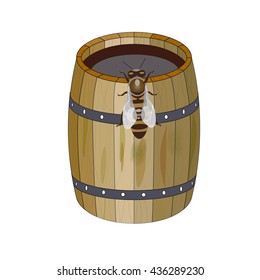 Barrel with buckwheat honey and a bee sitting on it. Vector illustration