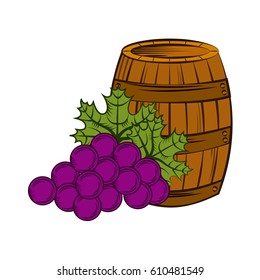 barrel with bunch of grape over white background. wine house concept. colorful design. vector illustration