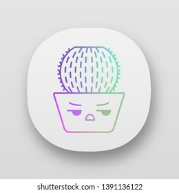 Barrel cactus app icon. Cactus with angry face. Echinocactus home cacti in pot. Unhappy plant with frowning eyebrows. UI/UX user interface. Web or mobile applications. Vector isolated illustrations