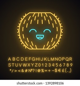 Barrel cactus cute kawaii neon light character. Cactus with smiling face. Echinocactus wild cacti. Funny emoji, emoticon. Glowing icon with alphabet, numbers, symbols. Vector isolated illustration