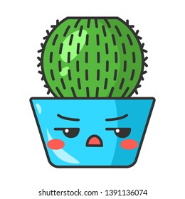 Barrel cactus cute kawaii vector character. Cactus with angry face. Echinocactus home cacti in pot. Flushed plant with frowning eyebrows. Funny emoji, emoticon. Isolated cartoon color illustration