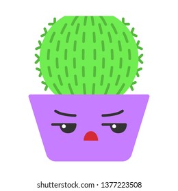 Barrel cactus flat design long shadow color icon. Cactus with angry face. Echinocactus home cacti in pot. Unhappy plant with frowning eyebrows. Houseplant. Succulent. Vector silhouette illustration