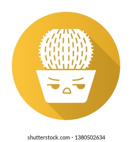 Barrel cactus flat design long shadow glyph icon. Cactus with angry face. Echinocactus home cacti in pot. Unhappy plant with frowning eyebrows. Succulent houseplant. Vector silhouette illustration