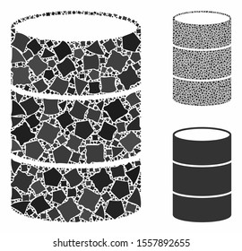 Barrel composition of ragged pieces in different sizes and color tints, based on barrel icon. Vector tuberous pieces are organized into composition. Barrel icons collage with dotted pattern.