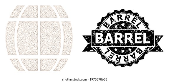 Barrel dirty seal print and vector barrel mesh structure. Black seal has Barrel caption inside ribbon and rosette. Abstract flat mesh barrel, created from flat mesh.