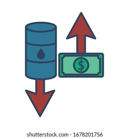 barrel and dollar with arrows oil prices fill style vector illustration design