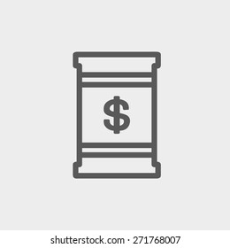 Barrel mit Dollar Symbol Symbol dünne Linie für Web und mobile, moderne minimalistische flache Design. Vektorgrafik, dunkelgraues Symbol auf hellgrauem Hintergrund.