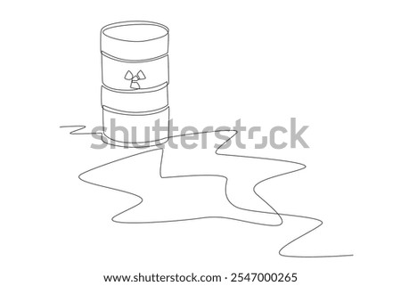 A barrel filled with waste on the river bank. Water pollution concept one-line drawing