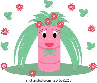 Barrel with flowers in cartoon style. Cute character girl_barrel with flowers on a white background. Vector flat illustration.