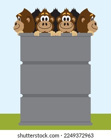 A barrel full of cartoon monkeys is resting on a lawn