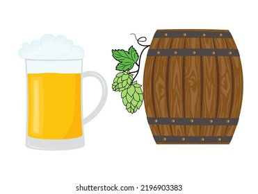Barrel, a glass of beer, hops. Oktoberfest. Vector illustration  