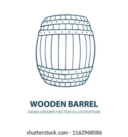 Barrel. Hand drawn barrel illustration in engraving style. 
Vintage whiskey, wine or beer barrel isolated on white background. 