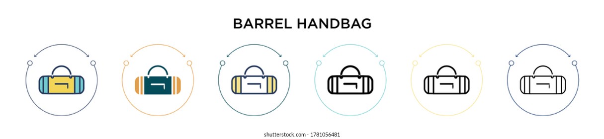 Barrel handbag icon in filled, thin line, outline and stroke style. Vector illustration of two colored and black barrel handbag vector icons designs can be used for mobile, ui, web