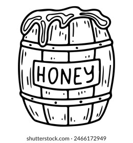 Barril de Honey Doodle. Dulce aguamiel. Colmenar de abejas. Ilustración de boceto de Vector dibujado a mano.