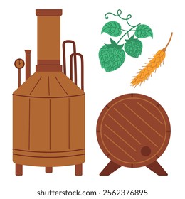 Barrel, hops and malt. Hand drawn vector illustration of a brewery. Isolated on white background.