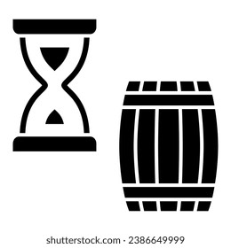 Barrel and hourglass solid icon, Wine festival concept, Aging of wine sign on white background, Exposure of wine in barrel icon in glyph style for mobile and web design. Vector graphics