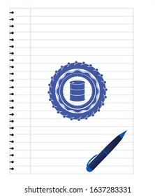 barrel icon emblem with pen effect. Blue ink. Vector Illustration. Detailed.