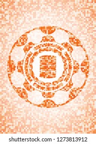 barrel icon inside abstract emblem, orange mosaic background