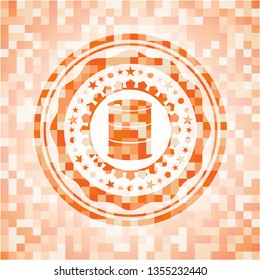 barrel icon inside abstract emblem, orange mosaic background