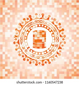 barrel icon inside abstract orange mosaic emblem