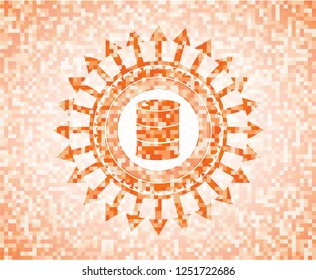 barrel icon inside abstract orange mosaic emblem with background