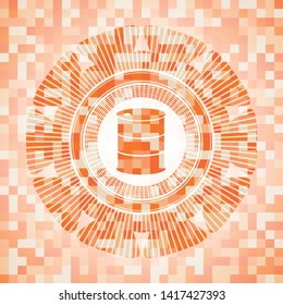 barrel icon inside abstract orange mosaic emblem with background
