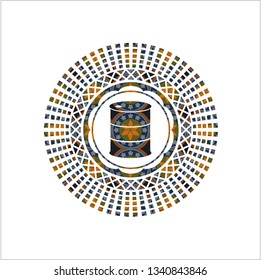 barrel icon inside arabesque badge background. arabic decoration.