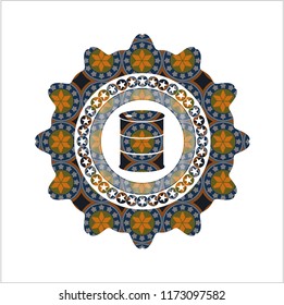 barrel icon inside arabic badge background. Arabesque decoration.