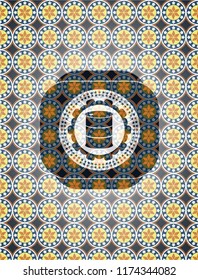 barrel icon inside arabic badge background. Arabesque decoration.