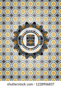 barrel icon inside arabic badge. Arabesque decoration.