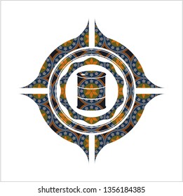 barrel icon inside arabic badge. Arabesque decoration.