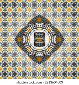 barrel icon inside arabic badge. Arabesque decoration. 
