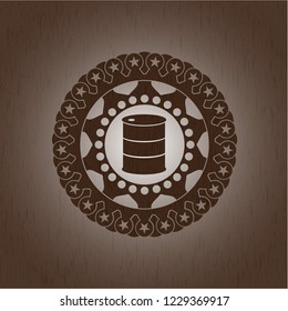 barrel icon inside badge with wood background