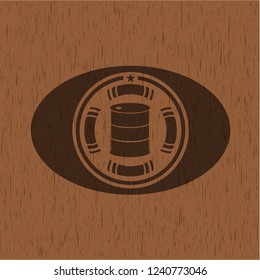 barrel icon inside badge with wood background