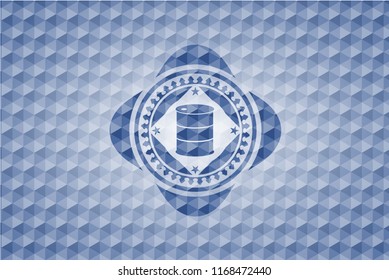barrel icon inside blue badge with geometric background.