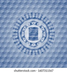barrel icon inside blue badge with geometric background.